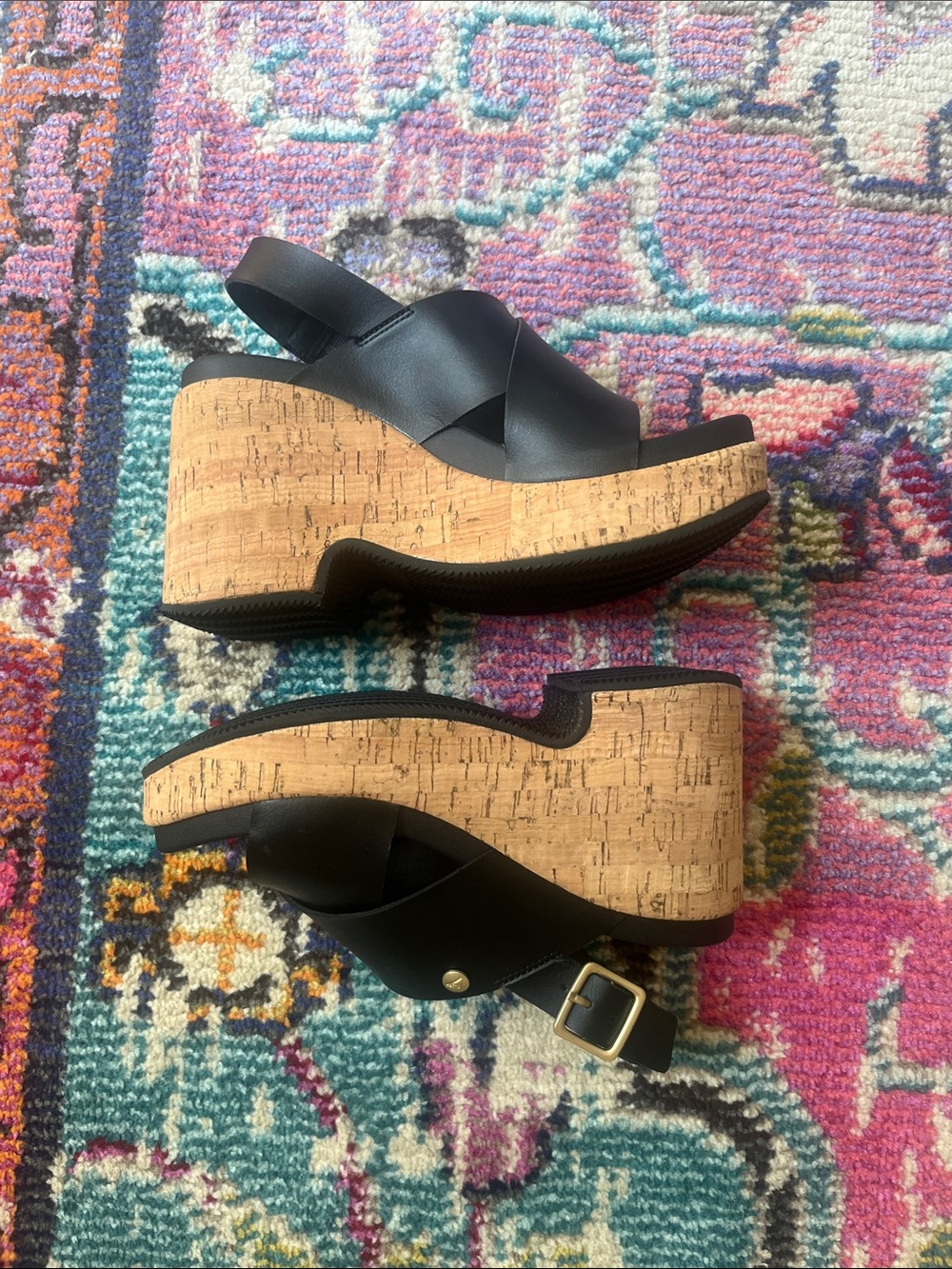 Reef Black Crisscross Slingback Cork Wedges